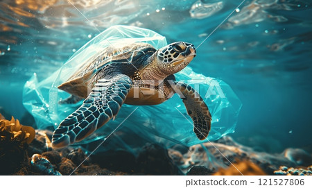 Sea Turtle Trapped Inside Transparent Plastic Bag Underwater Sea Turtle Trapped Inside Transparent Plastic Bag Underwater 121527806