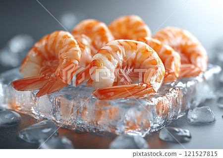 Fresh shrimp on ice block with frozen details  121527815