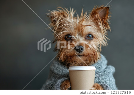 Adorable Dog in Sweater Holding Coffee Cup 121527819