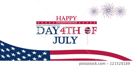 The festive scene with American flags, fireworks, and red, white, and blue decorations 121528189