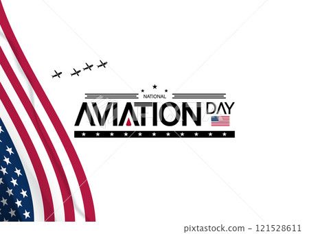 Aviation Day emblem showing an aircraft flying high above fluffy 121528611