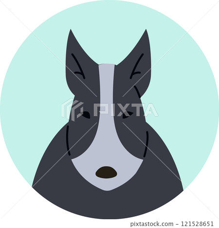 Portrait of a bull terrier dog gazing forward within a light green circle, featuring a minimalist vector illustration style that highlights its friendly and adorable characteristics Portrait of a bull terrier dog gazing forward within a light green circle, featuring a minimalist vector illustration style that highlights its friendly and adorable characteristics 121528651