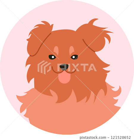 Portrait of a Kooikerhondje dog playfully sticking out its tongue within a vibrant pink circle, featuring a simple, flat vector illustration of this fluffy and adorable breed 121528652