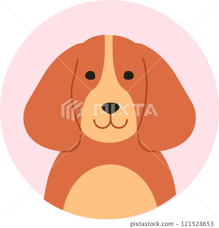 Cartoon illustration of a basset hound dog looking forward, placed in a pink circle, conveying a sense of cuteness and friendliness, ideal for pet related designs 121528653