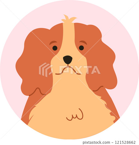 Cute cavalier king charles spaniel dog posing for a charming portrait illustration against a vibrant pink circular background, radiating happiness and playfulness 121528662