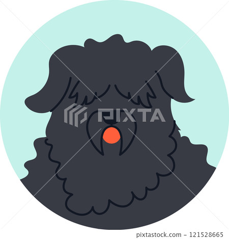 Minimalist vector illustration of a Black Russian Terrier panting with its tongue out, set against a light blue circular background, capturing the essence of this powerful breed 121528665
