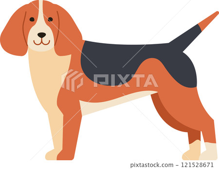 Cartoon illustration featuring a tricolor beagle dog standing and watching attentively, showcasing its friendly and playful nature as a beloved domestic pet against a white background Cartoon illustration featuring a tricolor beagle dog standing and watching attentively, showcasing its friendly and playful nature as a beloved domestic pet against a white background 121528671