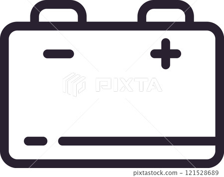Simple line drawing depicting a car battery featuring clearly marked positive and negative terminals, perfect for use in automotive and energy related projects and designs 121528689