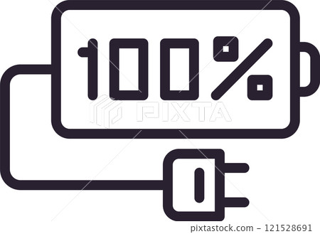 Simple line drawing of a battery icon displaying a full one hundred percent charge, with a plug attached, representing a fully charged electronic device 121528691