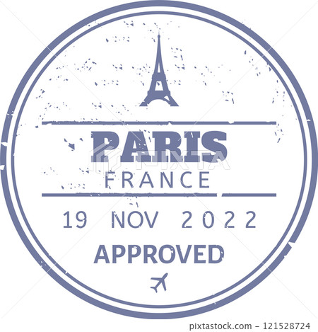 Round immigration passport stamp showing Eiffel Tower with Paris France lettering and date of approval with airplane symbol representing international travel 121528724