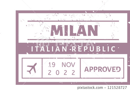 Milan Italian Republic immigration passport stamp shows approved status with date and airplane symbol showing a passenger s arrival on 19 November 2022 121528727