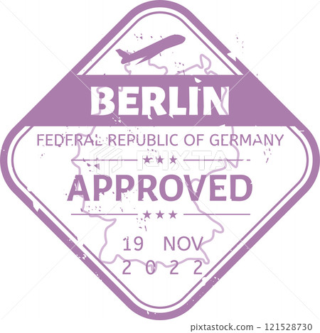 Purple immigration control stamp featuring an airplane, the date, the name of the city and country, and the word approved, simulating a visa stamp for tourists and travelers 121528730