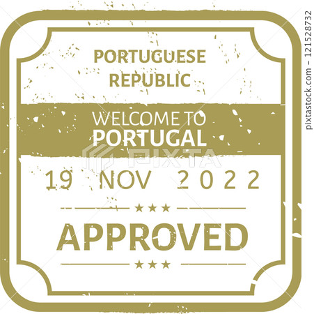 Golden grunge stamped representation of the Portuguese Republic, welcoming travelers to Portugal with a vintage design reflecting the nation s rich culture and history 121528732