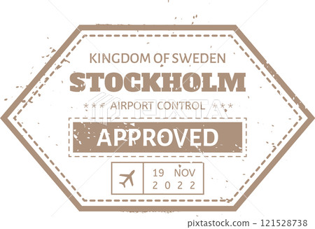 Beige hexagonal stamp with dashed border indicating approval from Stockholm Airport Control in the Kingdom of Sweden, dated November 19, 2022, and featuring a small airplane icon 121528738
