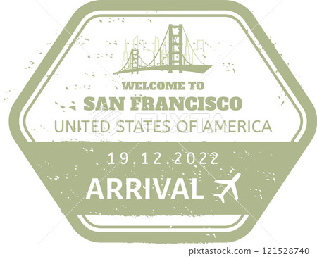 Hexagonal immigration arrival stamp in green with the Golden Gate Bridge celebrating travel to San Francisco, United States of America, on December 19, 2022 121528740