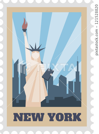 Vintage postcard stamp featuring Statue of Liberty holding torch and tablet with New York City skyline in background, celebrating American patriotism and history Vintage postcard stamp featuring Statue of Liberty holding torch and tablet with New York City skyline in background, celebrating American patriotism and history 121528820