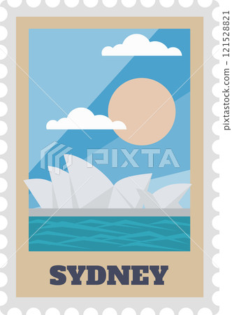 Sydney Opera House, a multi venue performing arts centre in Sydney, Australia, is depicted on a vintage postcard with sun, clouds and blue sea 121528821