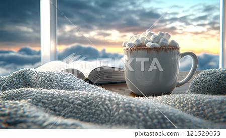 Cozy Hot Chocolate with Marshmallows and a Book 121529053