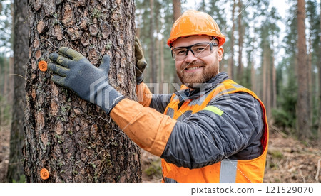 Smiling Logger in Forest with Safety Gear and Tools 121529070