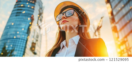 Confident Woman in Hard Hat Against City Skyline 121529095