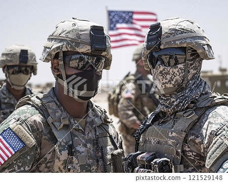 Soldiers in Uniform with American Flag in Background 121529148