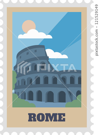 Postage stamp design featuring the iconic Colosseum in Rome, Italy, set against a vibrant blue sky adorned with stylized clouds and a bright sun, capturing the essence of travel and tourism 121529149