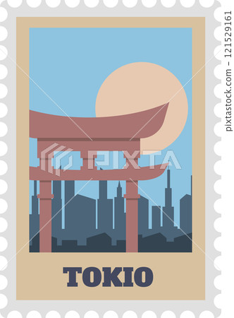 Vintage textured postcard stamp featuring a torii gate overlooking the Tokio skyline, with a stylized sun in the background, evoking a sense of travel and cultural exploration 121529161