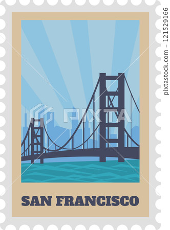 Vintage postcard stamp design featuring the iconic Golden Gate Bridge, set against a backdrop of a vibrant blue sky and the stunning San Francisco city skyline 121529166