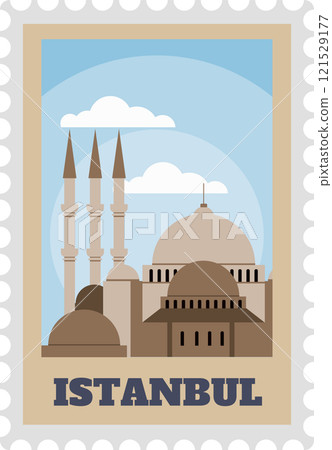 Postage stamp design showcasing Istanbul s skyline with Suleymaniye Mosque, featuring its iconic minarets and dome, capturing the essence of Turkish architecture and travel 121529177
