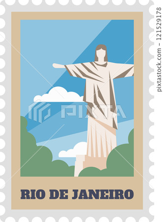 Minimalist vector illustration of the Christ the Redeemer statue in Rio de Janeiro, Brazil, featured on a vintage postcard with a beige border and serrated edges 121529178