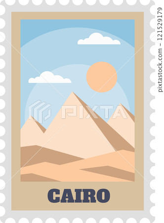 Postage stamp illustrating the iconic pyramids of Giza in Cairo, Egypt, set against a vibrant sunny sky dotted with clouds, ideal for travel and tourism themes 121529179
