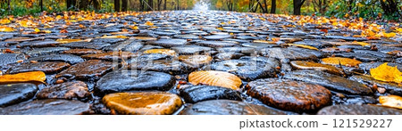 Tranquil Cobblestone Pathway in Autumn Setting 121529227