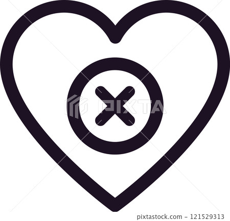 Minimalist line art icon of a heart shape with a cross symbolizing a broken heart, end of a relationship, lost love, or rejection, conveying feelings of sadness and heartbreak Minimalist line art icon of a heart shape with a cross symbolizing a broken heart, end of a relationship, lost love, or rejection, conveying feelings of sadness and heartbreak 121529313