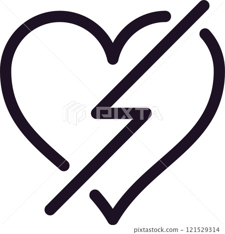 Minimalist vector illustration of a broken heart with a lightning bolt dividing it, representing a sudden and painful separation or conflict 121529314