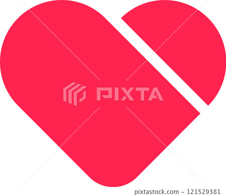 Minimalist illustration of a red split heart symbolizing a broken heart or the end of a relationship, conveying feelings of sadness and heartbreak 121529381