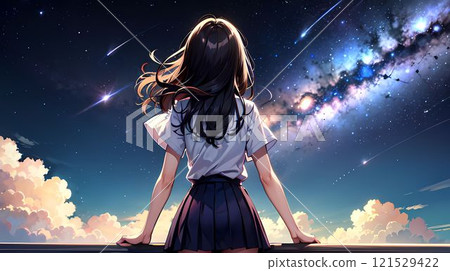 一個女孩凝視星空和銀河的後視圖 121529422