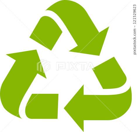 Green recycle symbol with three arrows forming a Mobius strip, conveying a message of sustainability, circular economy and resource efficiency 121529623