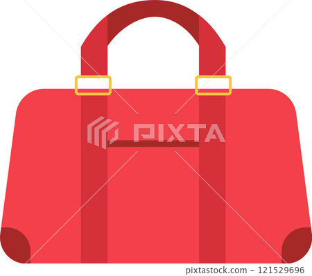 Red travel bag laying flat with gold buckles and curved handle, perfect for weekend getaways or business trips, offering ample space and stylish design 121529696