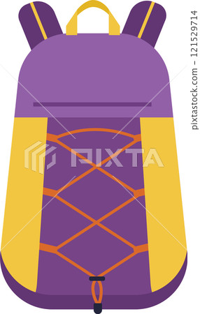 Hiking backpack with adjustable orange straps and a small pocket on the front, ideal for camping, trekking and outdoor activities, featuring a purple body and yellow details Hiking backpack with adjustable orange straps and a small pocket on the front, ideal for camping, trekking and outdoor activities, featuring a purple body and yellow details 121529714