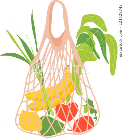Mesh shopping bag full of banana, lemon, avocado, radish, green onions and lettuce promoting reusable sustainable grocery shopping and eco conscious lifestyle 121529748