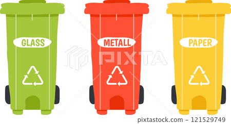 Colorful recycling bins, clearly labeled for glass, metal, and paper, promoting effective waste separation and fostering a cleaner, more sustainable environment for all Colorful recycling bins, clearly labeled for glass, metal, and paper, promoting effective waste separation and fostering a cleaner, more sustainable environment for all 121529749