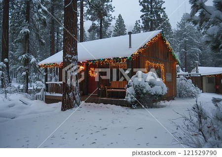 Cozy Winter Cabin: Snow, Lights, Forest, Trees, Vacation, Holiday, Getaway, Cozy, Rustic, Charm 121529790