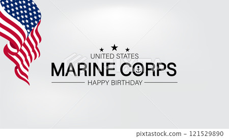 A cheerful display of a Happy Birthday Marine Corps banner, surrounded by festive decorations in patriotic colors 121529890