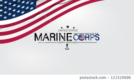 A cheerful display of a Happy Birthday Marine Corps banner, surrounded by festive decorations in patriotic colors 121529896