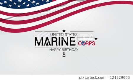 A cheerful display of a Happy Birthday Marine Corps banner, surrounded by festive decorations in patriotic colors 121529903