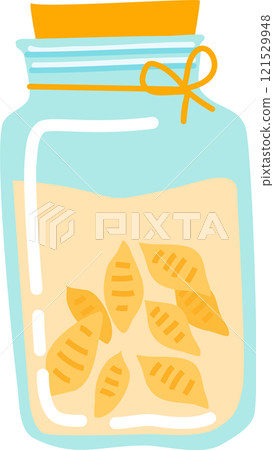 Conchiglie pasta stored in a glass jar featuring an orange lid and an orange ribbon, maintaining freshness and extending longevity for an organized pantry and home cooking 121529948