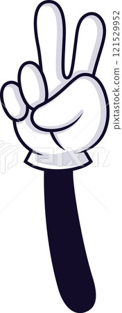 Cartoon hand raising two fingers in a peace sign gesture, representing victory, freedom, and a cheerful, positive message. Ideal for nonverbal communication and expression Cartoon hand raising two fingers in a peace sign gesture, representing victory, freedom, and a cheerful, positive message. Ideal for nonverbal communication and expression 121529952