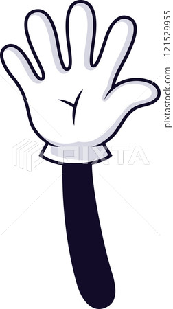 Cartoon hand featuring five open fingers, expressing a cheerful greeting or voting gesture, set against a clean white background, adding a playful touch to communication Cartoon hand featuring five open fingers, expressing a cheerful greeting or voting gesture, set against a clean white background, adding a playful touch to communication 121529955