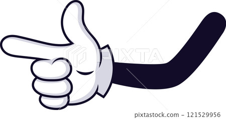 Cartoon hand making a playful gun gesture, with index finger and thumb extended like a pistol, expressing both humor and a hint of threat in a whimsical manner 121529956