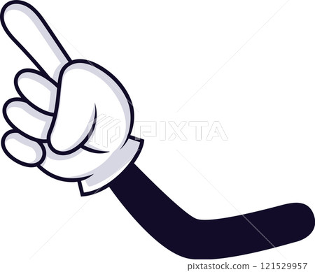 Cartoon hand wearing a white glove, pointing upward with the index finger against a white background, perfect for indicating direction or making a selection in various contexts 121529957